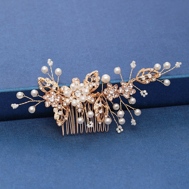 Trendy Handmade Tiara Wedding Hair Comb Leaf flower Bridal Headpiece Gold Pearl Rhinestone Head Jewelry Wedding Hair Accessories-Dollar Bargains Online Shopping Australia