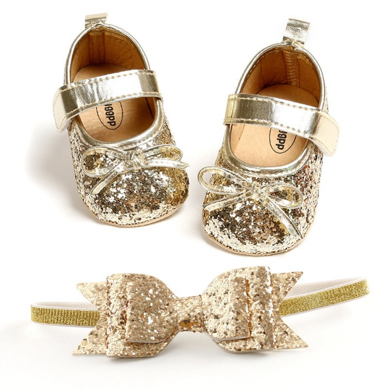 Sequins Baby Shoes Leather Toddler Baby Girl First Walkers Sets Headband Bow-knot Soft Sole Hook &amp; Loop Bling Shoes for Girls-Dollar Bargains Online Shopping Australia