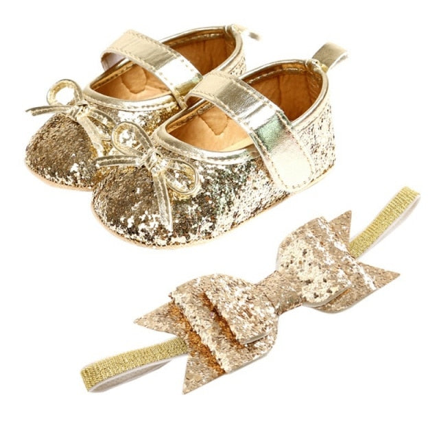 Sequins Baby Shoes Leather Toddler Baby Girl First Walkers Sets Headband Bow-knot Soft Sole Hook &amp; Loop Bling Shoes for Girls-Dollar Bargains Online Shopping Australia