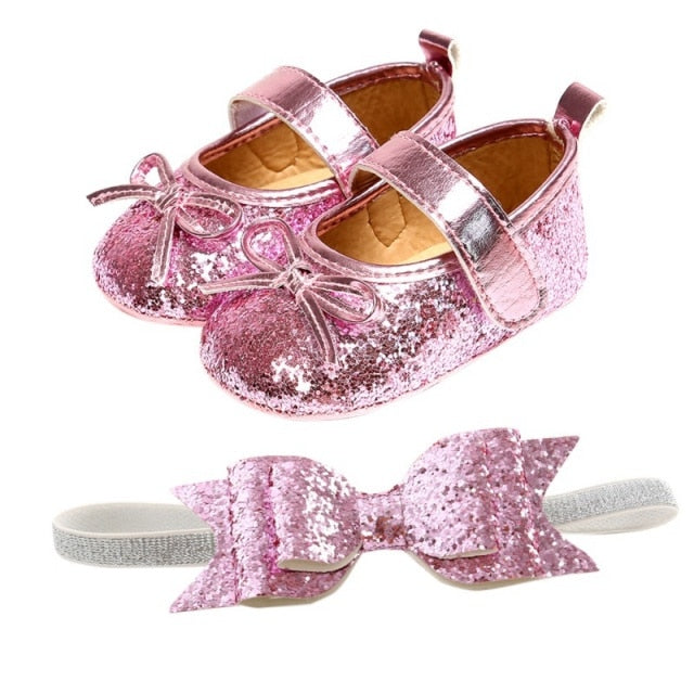 Sequins Baby Shoes Leather Toddler Baby Girl First Walkers Sets Headband Bow-knot Soft Sole Hook &amp; Loop Bling Shoes for Girls-Dollar Bargains Online Shopping Australia