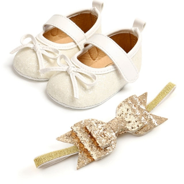 Sequins Baby Shoes Leather Toddler Baby Girl First Walkers Sets Headband Bow-knot Soft Sole Hook &amp; Loop Bling Shoes for Girls-Dollar Bargains Online Shopping Australia