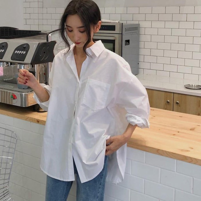 Women Shirts White Plain Loose Oversized Blouses Female Tops Loose BF Korean Style Pockets-Dollar Bargains Online Shopping Australia