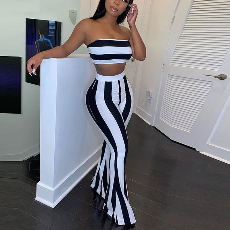 Women Striped 2 piece set Women Outfits Crop Top Pants two pieces sets Summer Clothes for Female Sexy women's suit-Dollar Bargains Online Shopping Australia