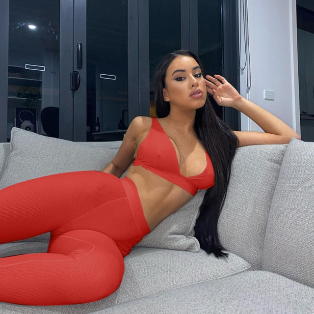 Sleeveless V-Neck Crop Tops Leggings 2 Pieces Set Winter Women Fashion Streetwear Outfits Sportswear Tracksuit-Dollar Bargains Online Shopping Australia