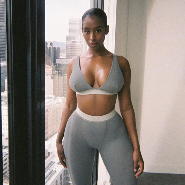Sleeveless V-Neck Crop Tops Leggings 2 Pieces Set Winter Women Fashion Streetwear Outfits Sportswear Tracksuit-Dollar Bargains Online Shopping Australia