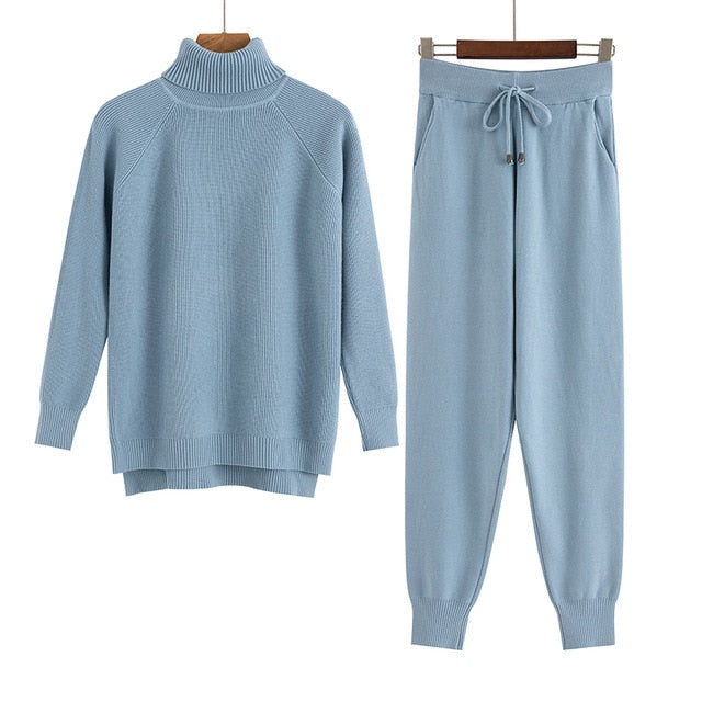 2 Pieces Set Women Knitted Tracksuit Turtleneck Sweater + Carrot Jogging Pants Pullover Sweater Set CHIC Knitted Outwear-Dollar Bargains Online Shopping Australia