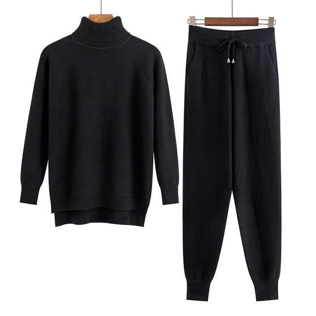 2 Pieces Set Women Knitted Tracksuit Turtleneck Sweater + Carrot Jogging Pants Pullover Sweater Set CHIC Knitted Outwear-Dollar Bargains Online Shopping Australia