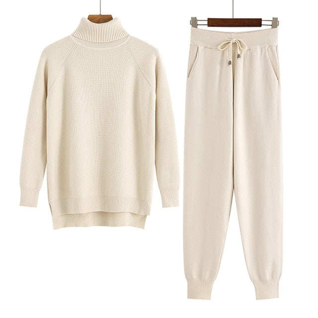 2 Pieces Set Women Knitted Tracksuit Turtleneck Sweater + Carrot Jogging Pants Pullover Sweater Set CHIC Knitted Outwear-Dollar Bargains Online Shopping Australia
