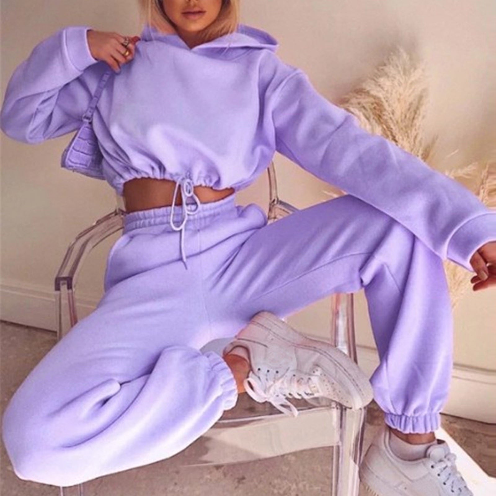 Women Sports 2 Pieces Set Sweatshirts Pullover Hoodies Pants Suit 2020 Home Sweatpants Trousers Outfits Solid Casual Tracksuit-Dollar Bargains Online Shopping Australia