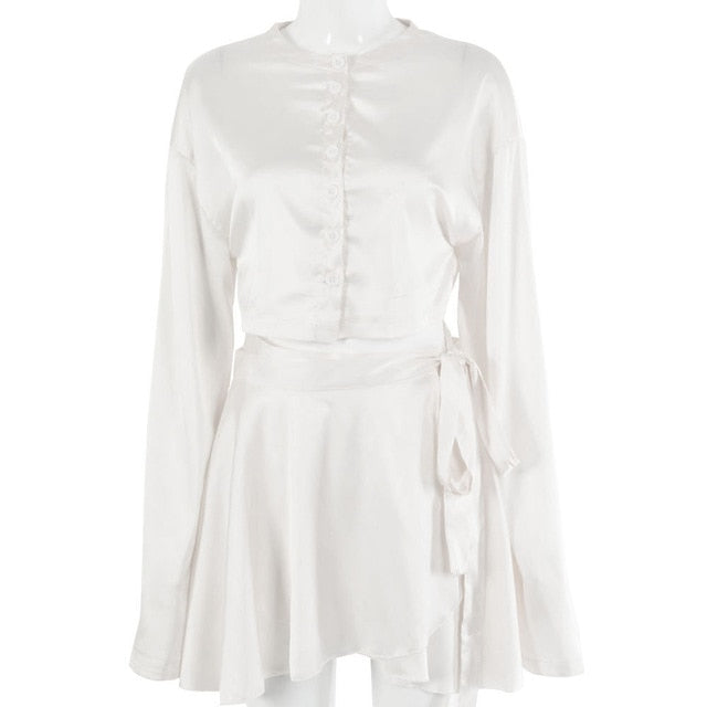 Casual Satin Two Piece Dress Set For Women White O-neck Button Top Bandage Mini Pencil Skirts Outfits Fashion Party Suit-Dollar Bargains Online Shopping Australia