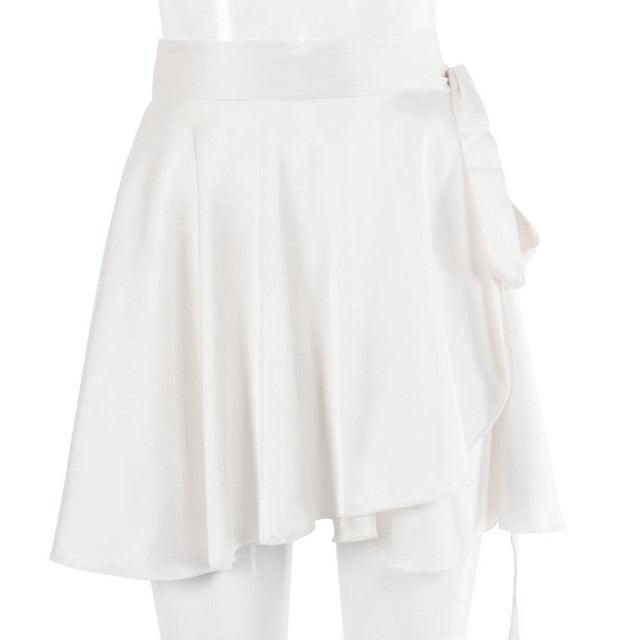 Casual Satin Two Piece Dress Set For Women White O-neck Button Top Bandage Mini Pencil Skirts Outfits Fashion Party Suit-Dollar Bargains Online Shopping Australia