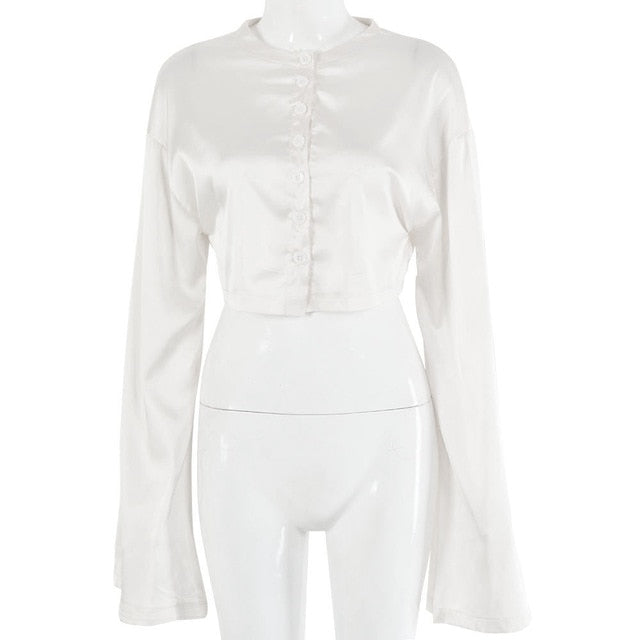 Casual Satin Two Piece Dress Set For Women White O-neck Button Top Bandage Mini Pencil Skirts Outfits Fashion Party Suit-Dollar Bargains Online Shopping Australia