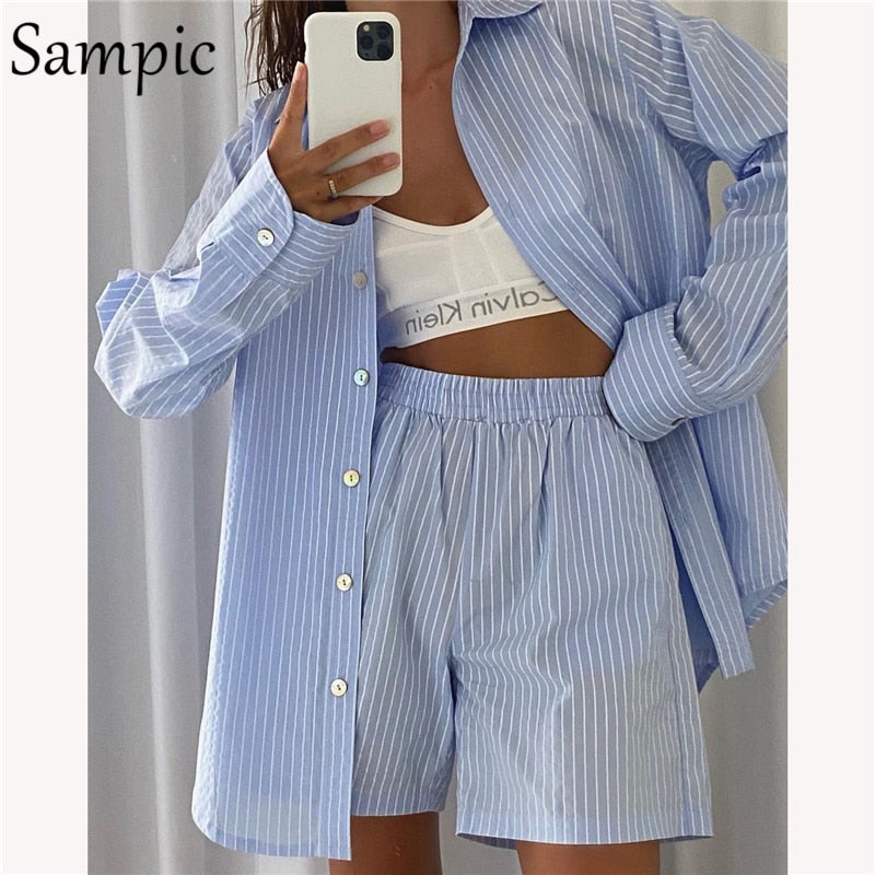 Loung Wear Tracksuit Women Shorts Set Stripe Long Sleeve Shirt Tops And Loose High Waisted Mini Shorts Two Piece Set 2021-Dollar Bargains Online Shopping Australia