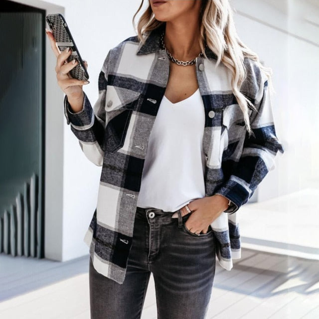 Shirts For Women Plaid Long Sleeve Button Up Shirt Collared Tops And Blouse 2021 Autumn Spring Fashion Loose Casual Black White-Dollar Bargains Online Shopping Australia