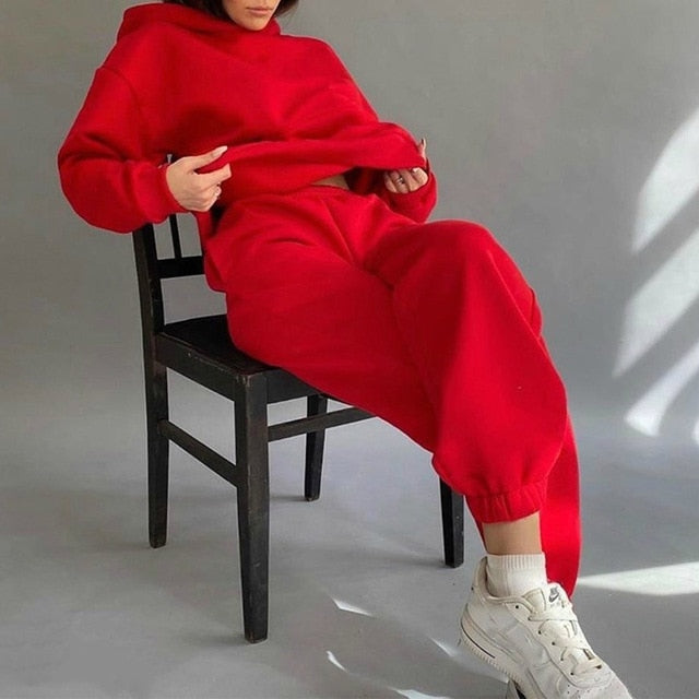 Women Elegant Solid Sets For Women Warm Hoodie Sweatshirts And Long Pant Fashion Two Piece Sets Ladies Lace Up Sweatshirt Suits-Dollar Bargains Online Shopping Australia