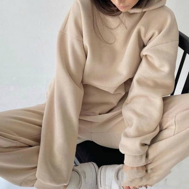 Women Elegant Solid Sets For Women Warm Hoodie Sweatshirts And Long Pant Fashion Two Piece Sets Ladies Lace Up Sweatshirt Suits-Dollar Bargains Online Shopping Australia