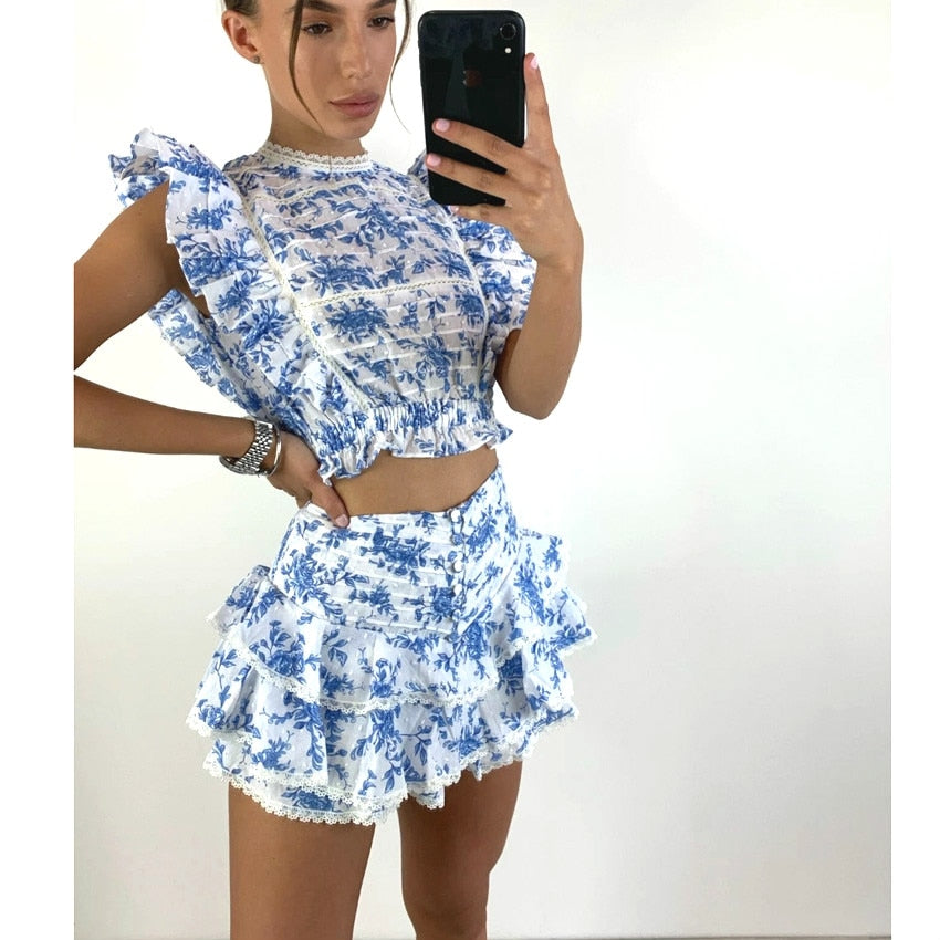 Sunday Set elastic waistband Cropped top with ruffle detail and cute ruffle mini shorts skirts-Dollar Bargains Online Shopping Australia