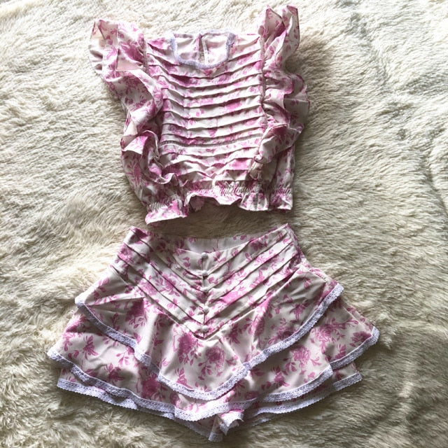 Sunday Set elastic waistband Cropped top with ruffle detail and cute ruffle mini shorts skirts-Dollar Bargains Online Shopping Australia