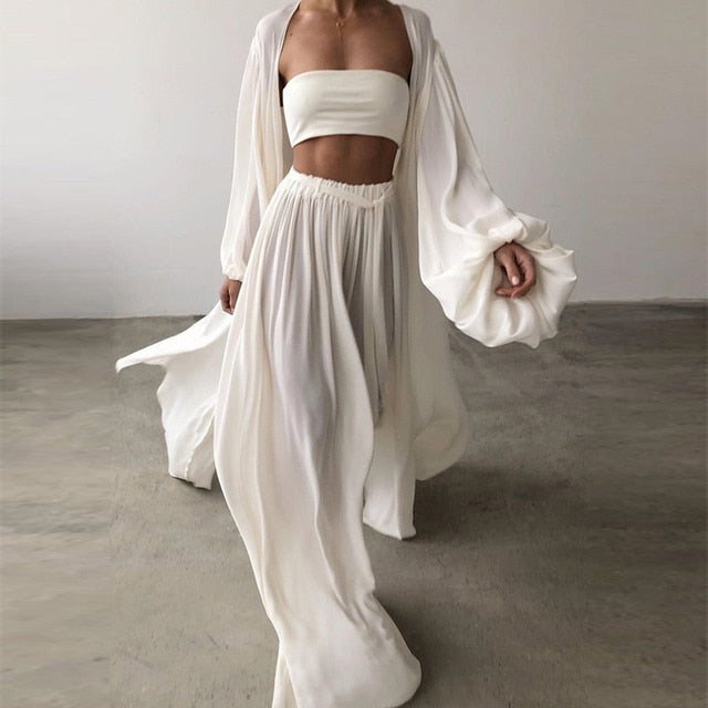 Spring Soft Women Three Piece Set Fashion Wrap Cardigan Tops And High Waist Pants Suit Female Casual Simple Tracksuits Homewear-Dollar Bargains Online Shopping Australia