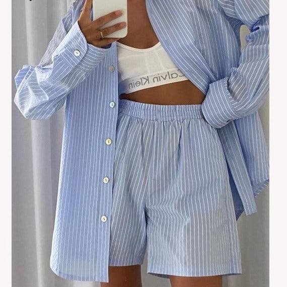 Loung Wear Tracksuit Women Shorts Set Stripe Long Sleeve Shirt Tops And Loose High Waisted Mini Shorts Two Piece Set 2021-Dollar Bargains Online Shopping Australia