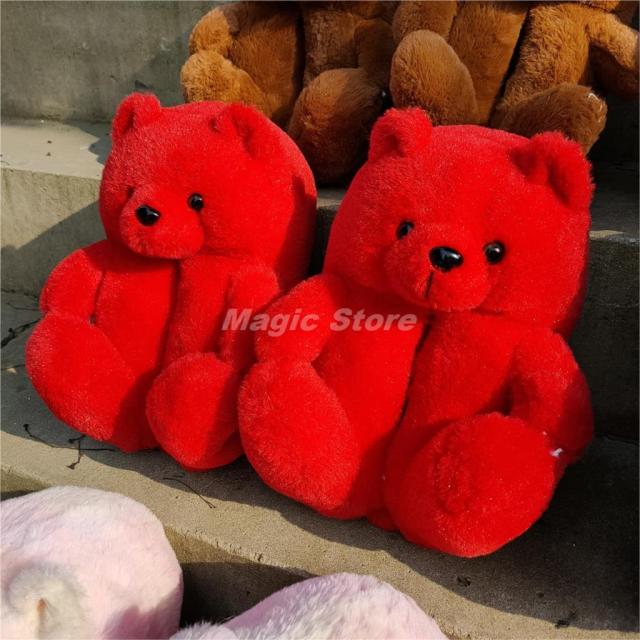 Teddy Bear women christmas plush slippers Cartoon Cute Bear House Slipper Furry Faux Fur Slides Woman Furry-Dollar Bargains Online Shopping Australia