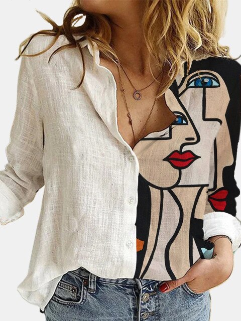 Turn Down Collar Long Sleeve Blouse Women Shirts Elegant Print Autumn Casual Office Button Shirt Tops-Dollar Bargains Online Shopping Australia