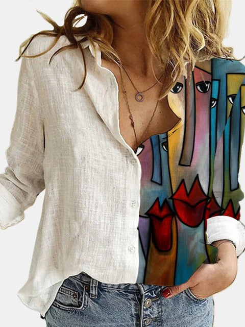 Turn Down Collar Long Sleeve Blouse Women Shirts Elegant Print Autumn Casual Office Button Shirt Tops-Dollar Bargains Online Shopping Australia