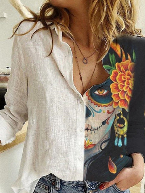 Turn Down Collar Long Sleeve Blouse Women Shirts Elegant Print Autumn Casual Office Button Shirt Tops-Dollar Bargains Online Shopping Australia