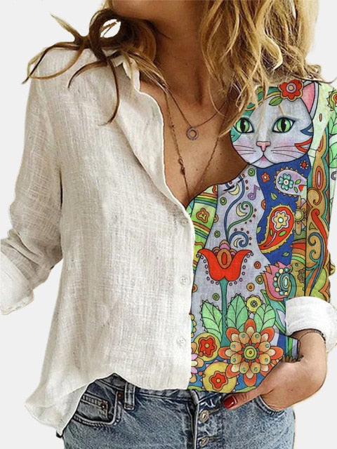 Turn Down Collar Long Sleeve Blouse Women Shirts Elegant Print Autumn Casual Office Button Shirt Tops-Dollar Bargains Online Shopping Australia