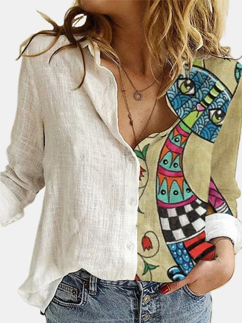 Turn Down Collar Long Sleeve Blouse Women Shirts Elegant Print Autumn Casual Office Button Shirt Tops-Dollar Bargains Online Shopping Australia
