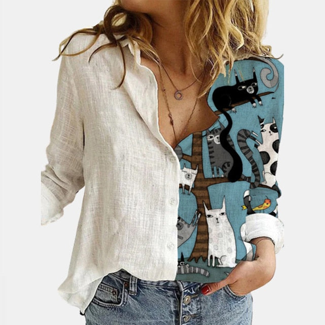 Turn Down Collar Long Sleeve Blouse Women Shirts Elegant Print Autumn Casual Office Button Shirt Tops-Dollar Bargains Online Shopping Australia