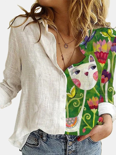 Turn Down Collar Long Sleeve Blouse Women Shirts Elegant Print Autumn Casual Office Button Shirt Tops-Dollar Bargains Online Shopping Australia