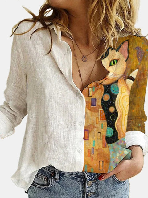 Turn Down Collar Long Sleeve Blouse Women Shirts Elegant Print Autumn Casual Office Button Shirt Tops-Dollar Bargains Online Shopping Australia