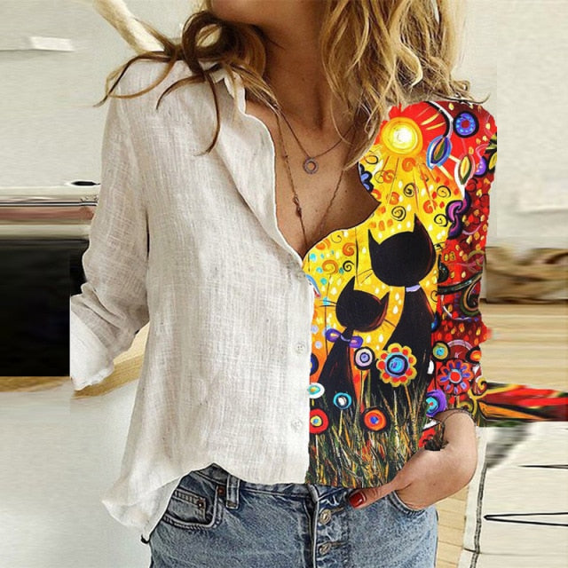 Turn Down Collar Long Sleeve Blouse Women Shirts Elegant Print Autumn Casual Office Button Shirt Tops-Dollar Bargains Online Shopping Australia