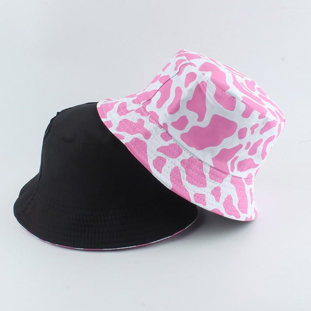 Korean Pink Cow Print Bucket Hat Women Reversible Fishing Cap Bob Chapeau Autumn Summer-Dollar Bargains Online Shopping Australia