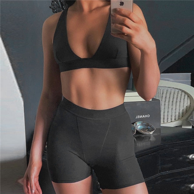 2PCS/Set Sexy Women Sleeveless Strap Bra Bustiers Tank Vest Crop Tops High Waist Shorts Pants Trousers Tracksuit Summer 2021-Dollar Bargains Online Shopping Australia