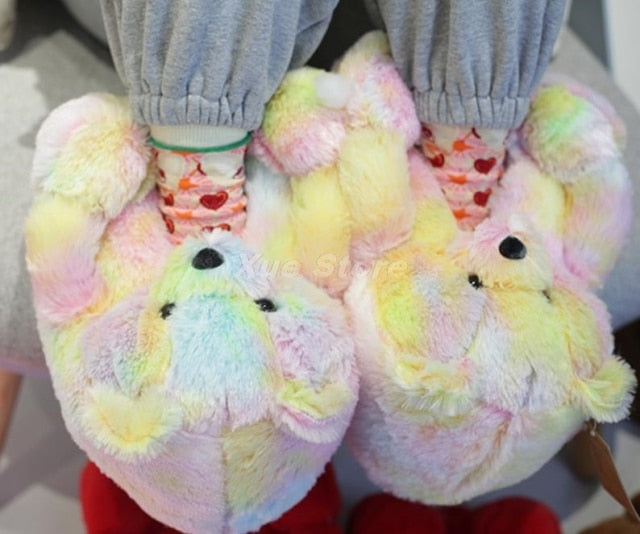 Teddy Bear women christmas plush slippers Cartoon Cute Bear House Slipper Furry Faux Fur Slides Woman Furry-Dollar Bargains Online Shopping Australia