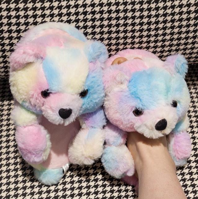 Teddy Bear women christmas plush slippers Cartoon Cute Bear House Slipper Furry Faux Fur Slides Woman Furry-Dollar Bargains Online Shopping Australia