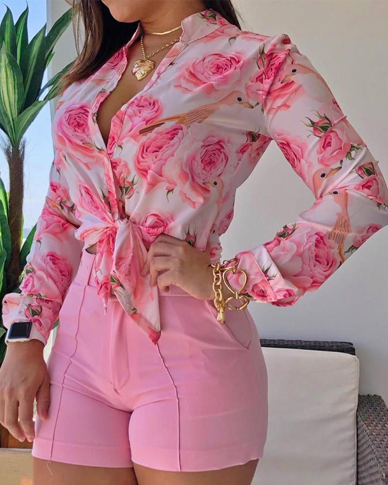 Women Long Sleeve Floral Printed Tie Knot Top Blouse Casual Spring Shirts Female-Dollar Bargains Online Shopping Australia