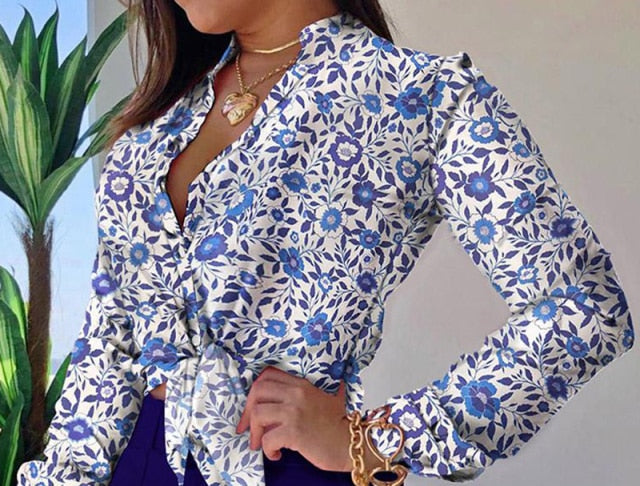 Women Long Sleeve Floral Printed Tie Knot Top Blouse Casual Spring Shirts Female-Dollar Bargains Online Shopping Australia
