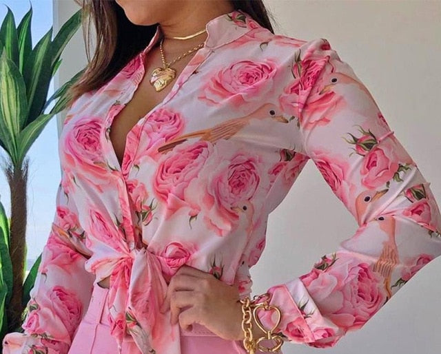 Women Long Sleeve Floral Printed Tie Knot Top Blouse Casual Spring Shirts Female-Dollar Bargains Online Shopping Australia