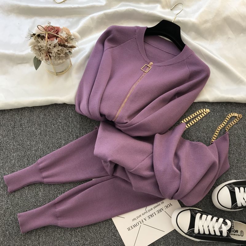 Autumn Knitted Women Sets Solid Sexy Vest Long Sleeve Zipper Cardigans Elastic Waist Pants 3pcs Sets Tracksuits Clothing Women-Dollar Bargains Online Shopping Australia