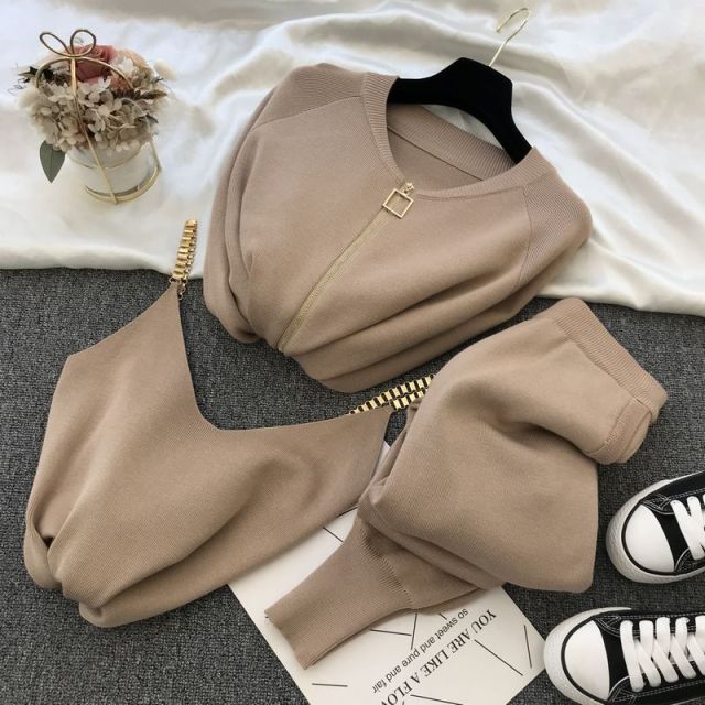 Autumn Knitted Women Sets Solid Sexy Vest Long Sleeve Zipper Cardigans Elastic Waist Pants 3pcs Sets Tracksuits Clothing Women-Dollar Bargains Online Shopping Australia