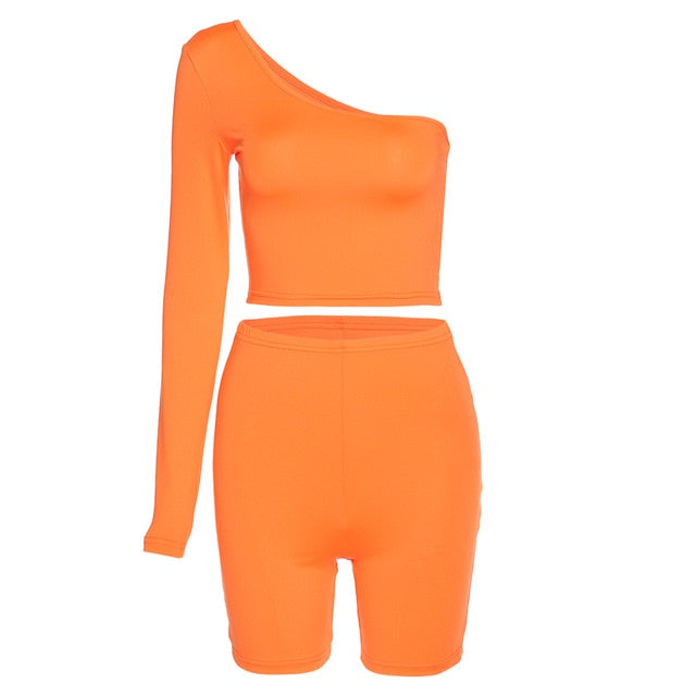 Solid Asymmetrical Two Piece Sets Women Tracksuit Crop Tops+Elastic Bike Shorts Sporty Matching Suits Casual Female Outfit-Dollar Bargains Online Shopping Australia