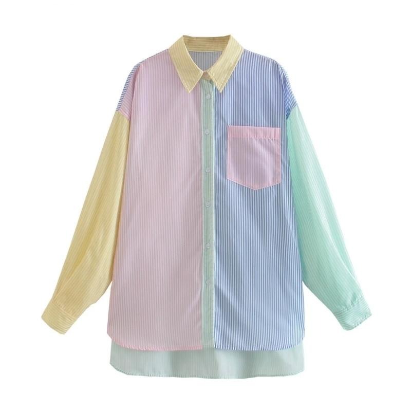 Women Fashion Contrast Color Striped Print Smock Blouse Office Ladies Breasted Casual Shirts Chic Blusas Tops LS9314-Dollar Bargains Online Shopping Australia