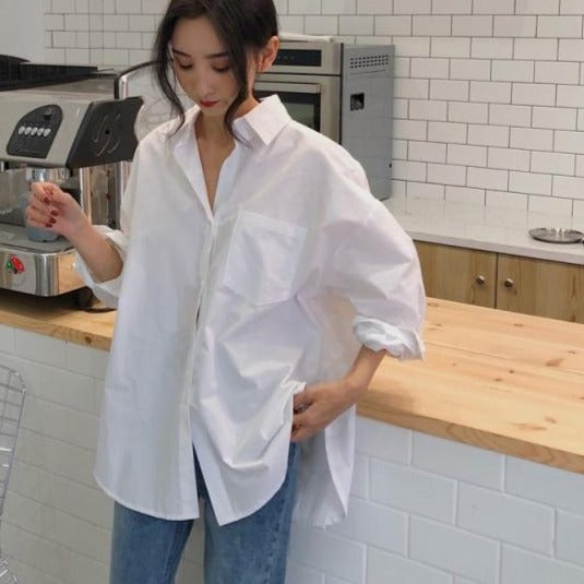 Women Shirts White Plain Loose Oversized Blouses Female Tops Loose BF Korean Style Pockets-Dollar Bargains Online Shopping Australia