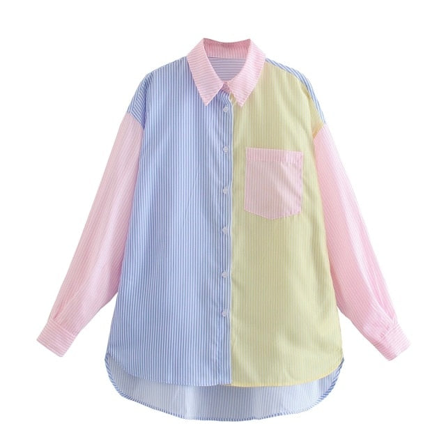 Women Fashion Contrast Color Striped Print Smock Blouse Office Ladies Breasted Casual Shirts Chic Blusas Tops LS9314-Dollar Bargains Online Shopping Australia