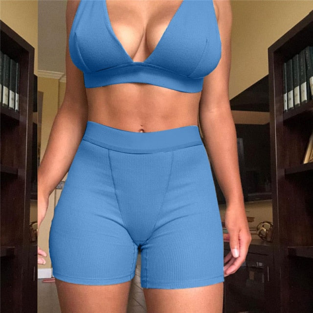 2PCS/Set Sexy Women Sleeveless Strap Bra Bustiers Tank Vest Crop Tops High Waist Shorts Pants Trousers Tracksuit Summer 2021-Dollar Bargains Online Shopping Australia