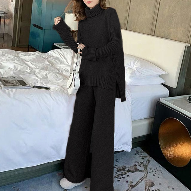 Sweater set women tracksuit spring autumn knitted suits 2 piece set warm turtleneck sweater pullovers wide legs pants-Dollar Bargains Online Shopping Australia