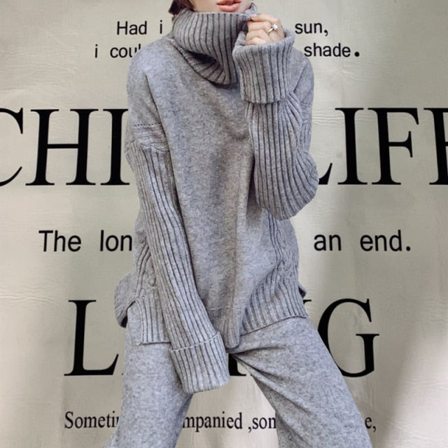 Knit Suit for Women. Matching Set of Highneck Sweater and Loose High Waist  Pants. Oversized Turtleneck Sweater. Knit Pants and Sweater. 